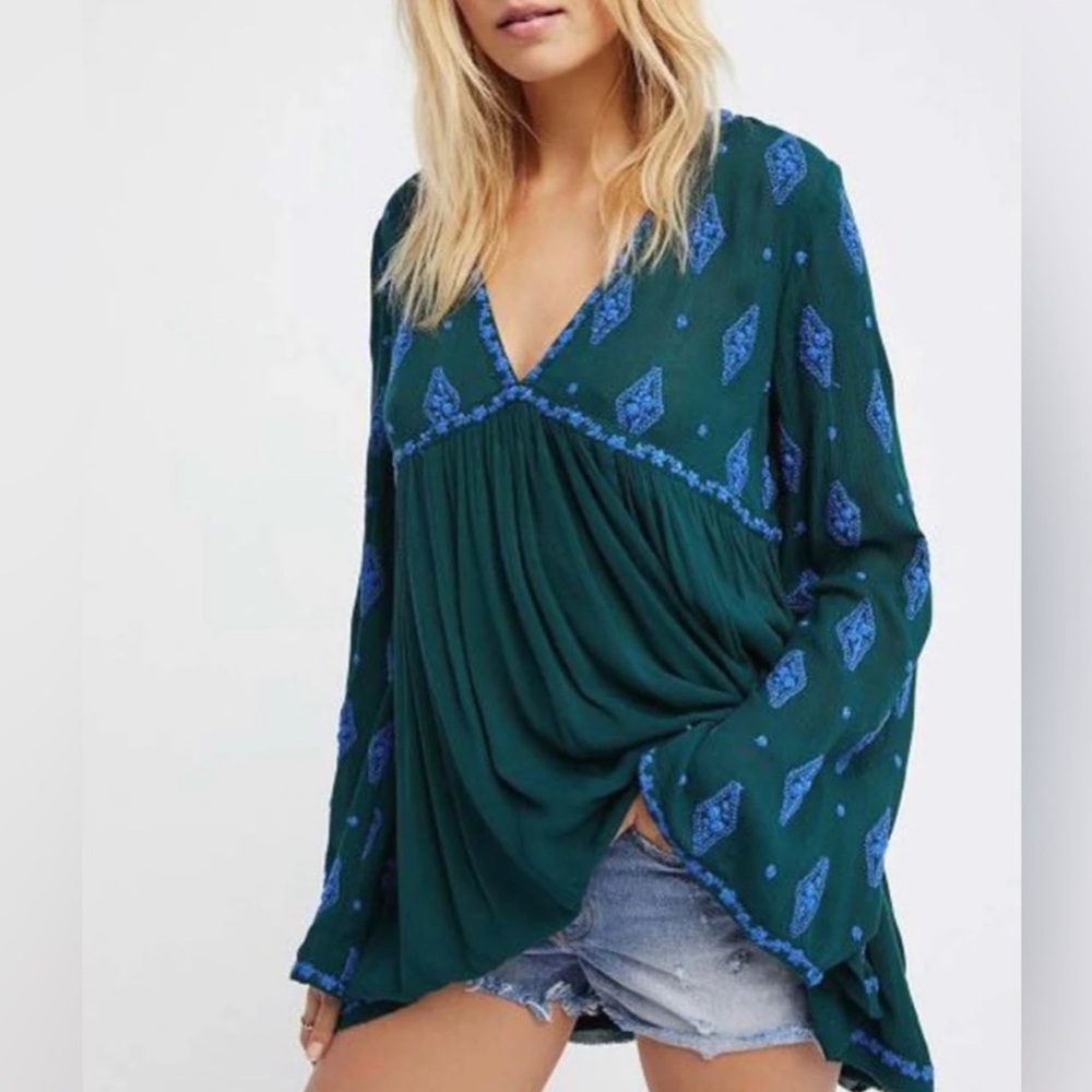 NWT Free people Diamond Embroidered Bell Sleeve Blue teal Tunic oversized Top